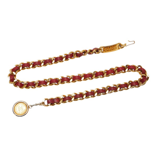 シャネル ココマーク メダリオンプレート チェーン ベルト ゴールド レッド メッキ レザー レディース CHANEL 【中古】