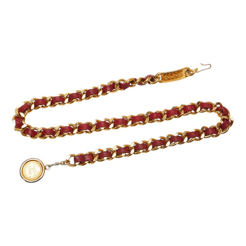 シャネル ココマーク メダリオンプレート チェーン ベルト ゴールド レッド メッキ レザー レディース CHANEL 【中古】