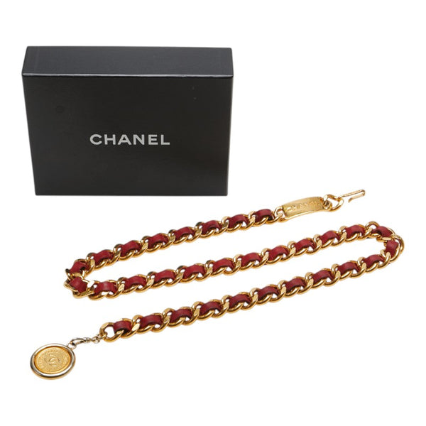 シャネル ココマーク メダリオンプレート チェーン ベルト ゴールド レッド メッキ レザー レディース CHANEL 【中古】