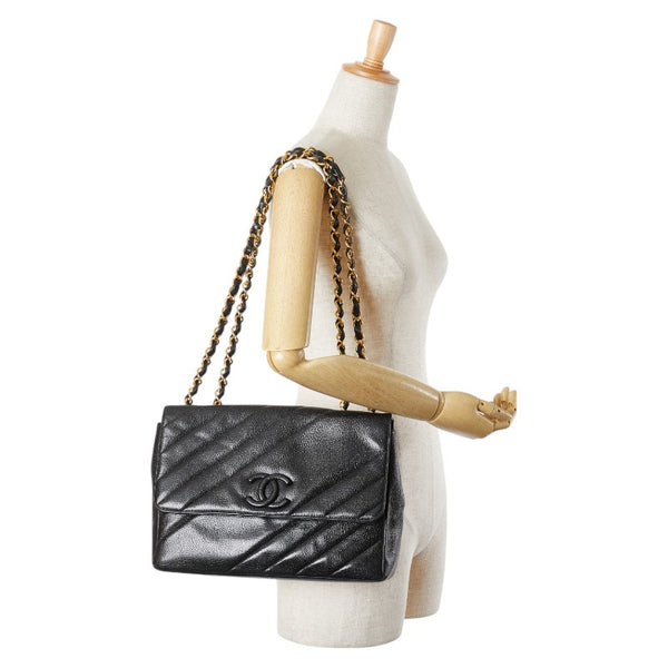 シャネル ココマーク バイアスステッチ チェーン ショルダーバッグ ブラック キャビアスキン レディース CHANEL 【中古】