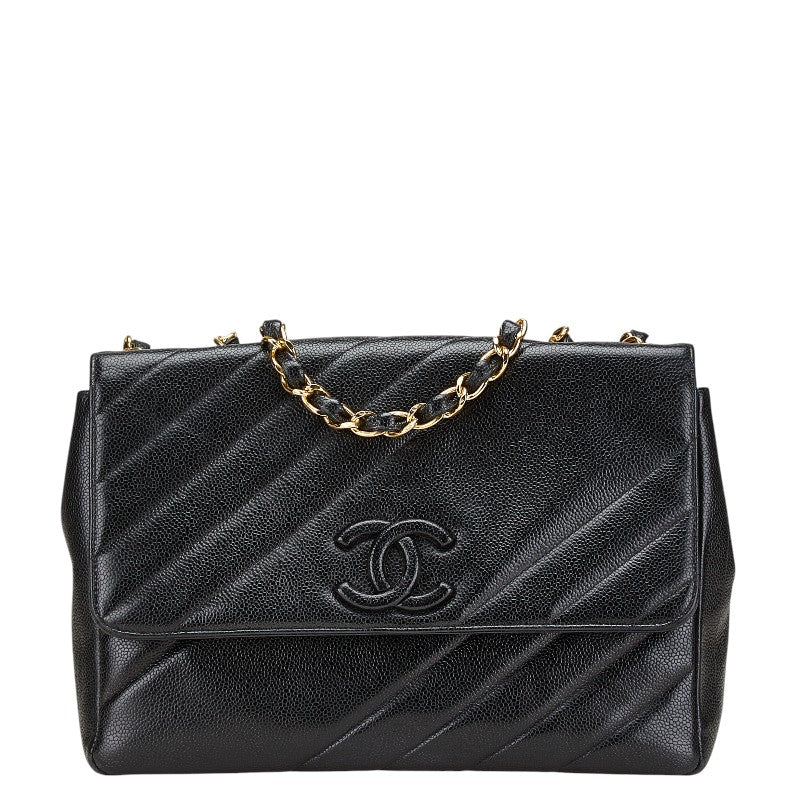 シャネル ココマーク バイアスステッチ チェーン ショルダーバッグ ブラック キャビアスキン レディース CHANEL 【中古】