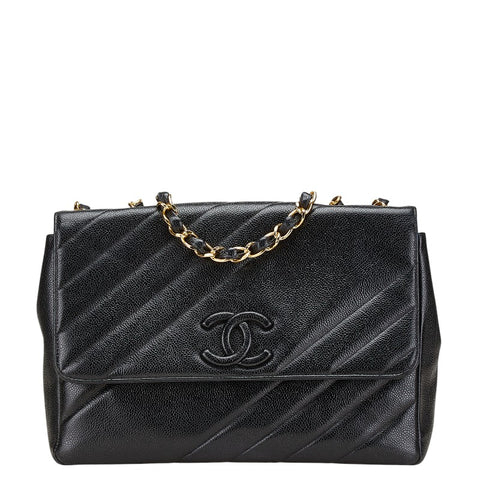 シャネル ココマーク バイアスステッチ チェーン ショルダーバッグ ブラック キャビアスキン レディース CHANEL 【中古】