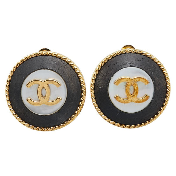 シャネル ココマーク ラウンド イヤリング ゴールド ブラック メッキ シェル レディース CHANEL 【中古】