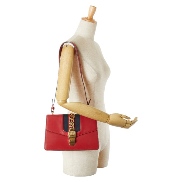 グッチ シルヴィ ショルダーバッグ 421882 レッド ネイビー レザー レディース GUCCI 【中古】