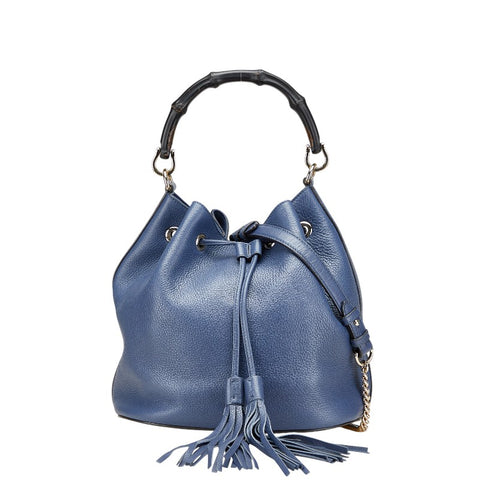 グッチ バンブー フリンジ ハンドバッグ チェーン ショルダーバッグ 2WAY 387613 ネイビー レザー レディース GUCCI 【中古】