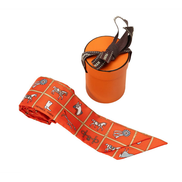 エルメス ツイリー Couvertures et Tenues de Jour 馬着 スカーフ オレンジ ホワイト シルク レディース HERMES 【中古】