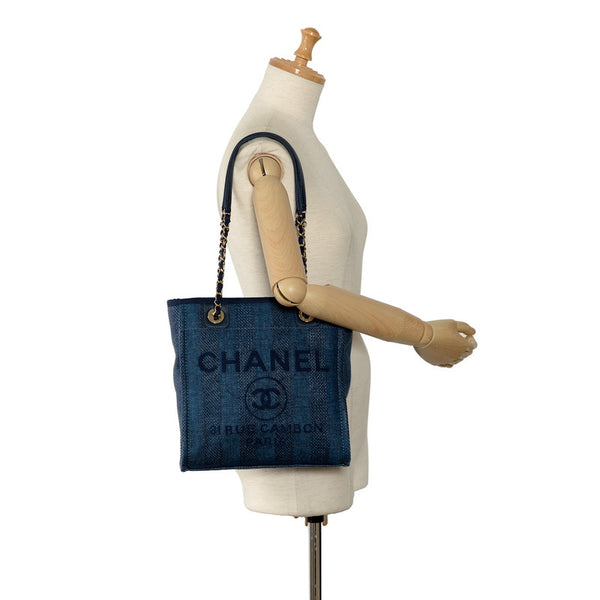 シャネル ドーヴィルPM チェーン ワンショルダーバッグ ネイビー ラフィア レザー レディース CHANEL 【中古】