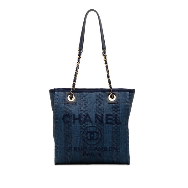 シャネル ドーヴィルPM チェーン ワンショルダーバッグ ネイビー ラフィア レザー レディース CHANEL 【中古】