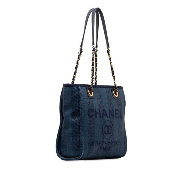 シャネル ドーヴィルPM チェーン ワンショルダーバッグ ネイビー ラフィア レザー レディース CHANEL 【中古】