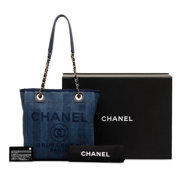 シャネル ドーヴィルPM チェーン ワンショルダーバッグ ネイビー ラフィア レザー レディース CHANEL 【中古】