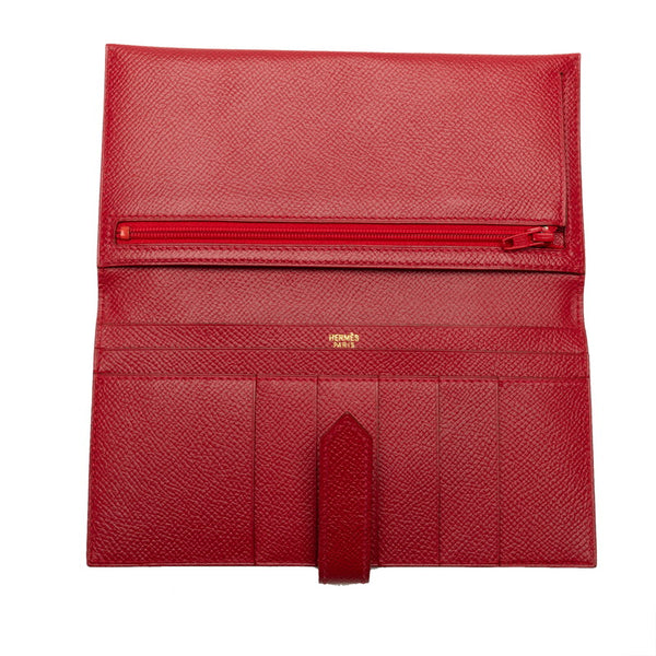 エルメス ベアン クラシック  長財布 レッド ゴールド ヴォーエプソン レディース HERMES 【中古】