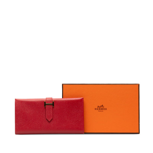エルメス ベアン クラシック  長財布 レッド ゴールド ヴォーエプソン レディース HERMES 【中古】