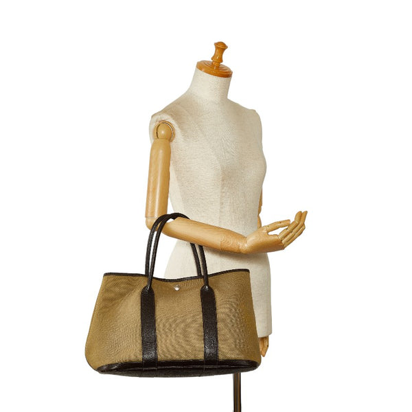 エルメス ガーデンパーティPM トワルオフィシエ トートバッグ ハンドバッグ カーキ キャンバス レザー レディース HERMES 【中古】