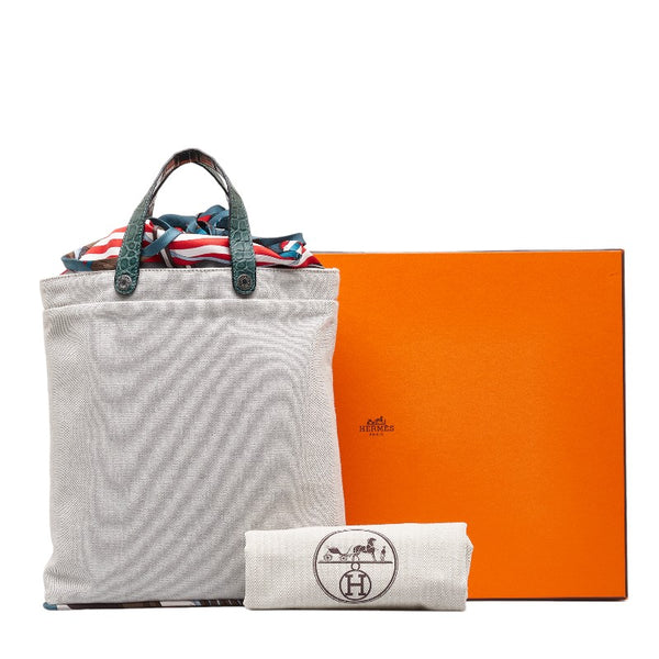 エルメス プティアッシュ トートバッグ ハンドバッグ ベージュ グリーン トワルアッシュ シルク クロコダイル レディース HERMES 【中古】