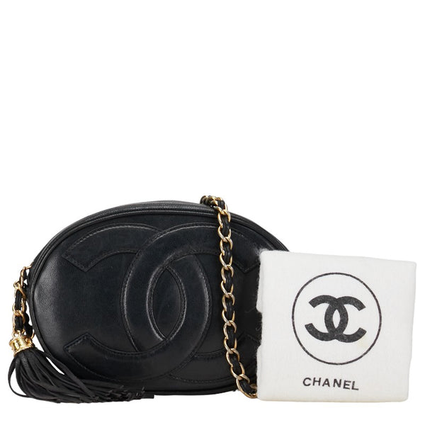 シャネル デカココマーク フリンジ  斜め掛け チェーン ショルダーバッグ ブラック レザー レディース CHANEL 【中古】