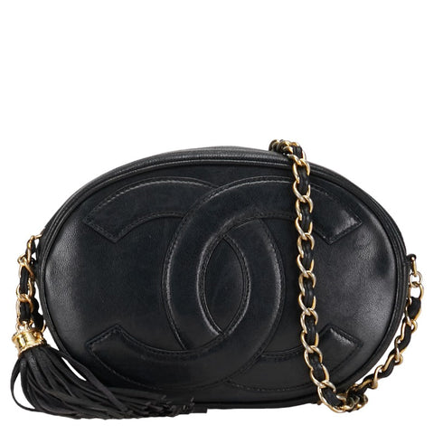 シャネル デカココマーク フリンジ  斜め掛け チェーン ショルダーバッグ ブラック レザー レディース CHANEL 【中古】