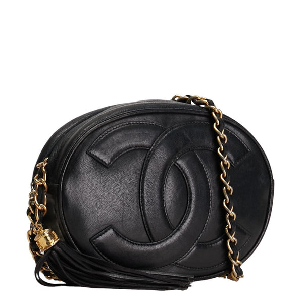 シャネル デカココマーク フリンジ  斜め掛け チェーン ショルダーバッグ ブラック レザー レディース CHANEL 【中古】