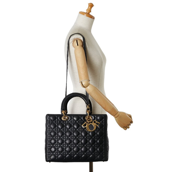 ディオール レディディオール カナージュ ラージ ハンドバッグ ショルダーバッグ 2WAY ブラック ラムスキン レディース Dior 【中古】