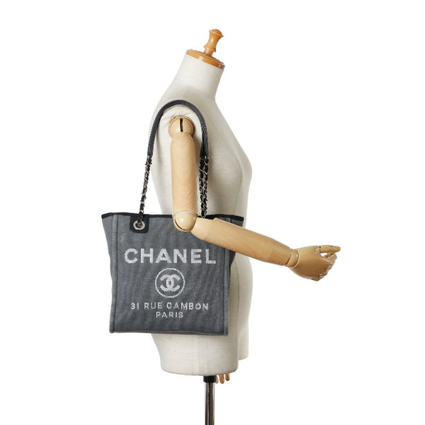 シャネル ドーヴィルPM チェーン トートバッグ ハンドバッグ グレー シルバー キャンバス レザー レディース CHANEL 【中古】
