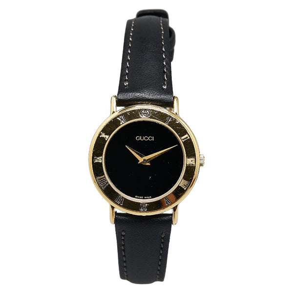 グッチ 腕時計 3000.2.L クオーツ ブラック文字盤 メッキ レザー レディース GUCCI 【中古】