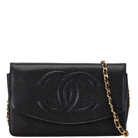 シャネル ココマーク チェーンウォレット ショルダーバッグ ブラック キャビアスキン レザー レディース CHANEL 【中古】