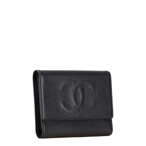 シャネル ココマーク 三つ折り財布 ブラック キャビアスキン レディース CHANEL 【中古】