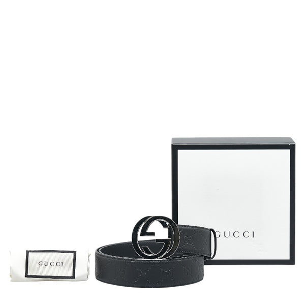 グッチ グッチシマ インターロッキングG ベルト 95/38 525040 ブラック シルバー レザー メンズ GUCCI 【中古】
