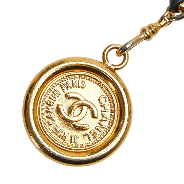 シャネル ヴィンテージ ココマーク 31 RUE CAMBON PARIS メダル モチーフ チェーン ベルト ゴールド ブラック メッキ レザー レディース CHANEL 【中古】