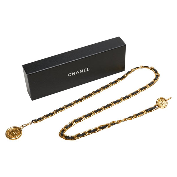 シャネル ヴィンテージ ココマーク 31 RUE CAMBON PARIS メダル モチーフ チェーン ベルト ゴールド ブラック メッキ レザー レディース CHANEL 【中古】