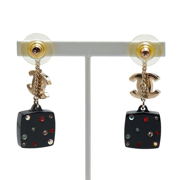 シャネル ココマーク スクエア ラインストーン ミラー スイング ピアス ゴールド ブラック マルチカラー メッキ レディース CHANEL 【中古】