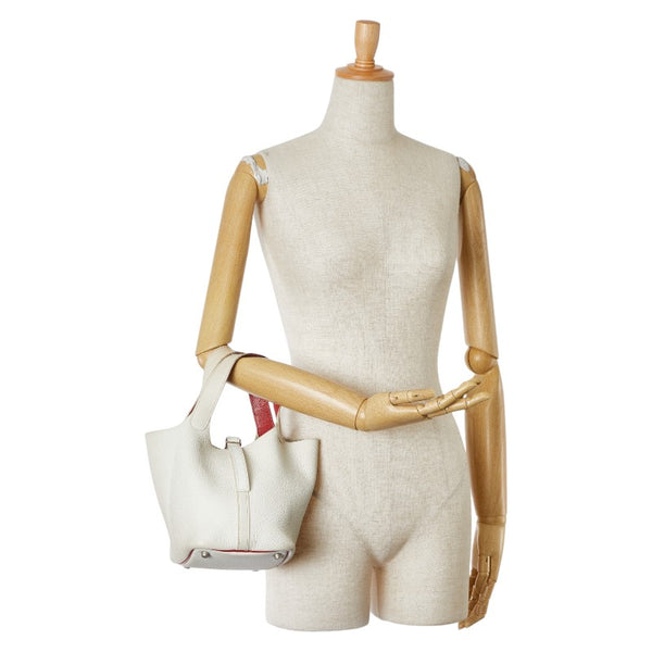 エルメス ピコタンPM ハンドバッグ ホワイト レッド トワルシェブロン レディース HERMES 【中古】