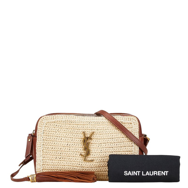 サンローラン ルー カサンドラ タッセル 斜め掛け ショルダーバッグ カメラバッグ 468537 ベージュ ブラウン ラフィア レザー レディース SAINT LAURENT 【中古】