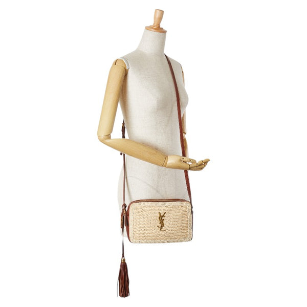 サンローラン ルー カサンドラ タッセル 斜め掛け ショルダーバッグ カメラバッグ 468537 ベージュ ブラウン ラフィア レザー レディース SAINT LAURENT 【中古】