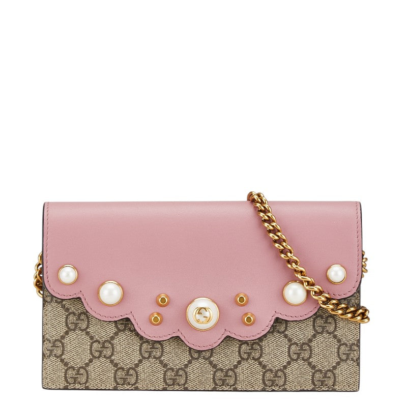 グッチ GGスプリーム パール チェーンウォレット ショルダーバッグ 長財布 431478 ピンク ベージュ PVC レザー レディース GUCCI 【中古】