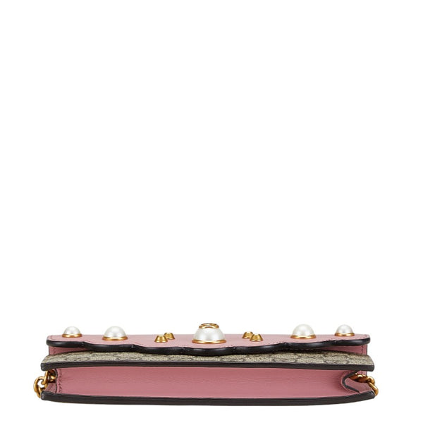 グッチ GGスプリーム パール チェーンウォレット ショルダーバッグ 長財布 431478 ピンク ベージュ PVC レザー レディース GUCCI 【中古】