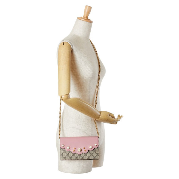 グッチ GGスプリーム パール チェーンウォレット ショルダーバッグ 長財布 431478 ピンク ベージュ PVC レザー レディース GUCCI 【中古】