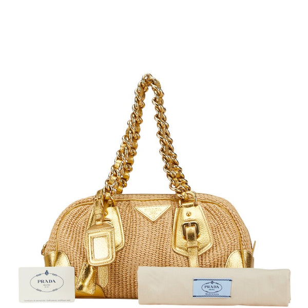 プラダ 三角ロゴプレート チェーン ハンドバッグ BL0352 ベージュ ゴールド ストロー レザー レディース PRADA 【中古】