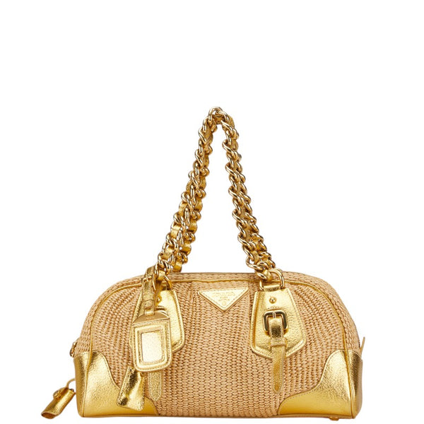 プラダ 三角ロゴプレート チェーン ハンドバッグ BL0352 ベージュ ゴールド ストロー レザー レディース PRADA 【中古】