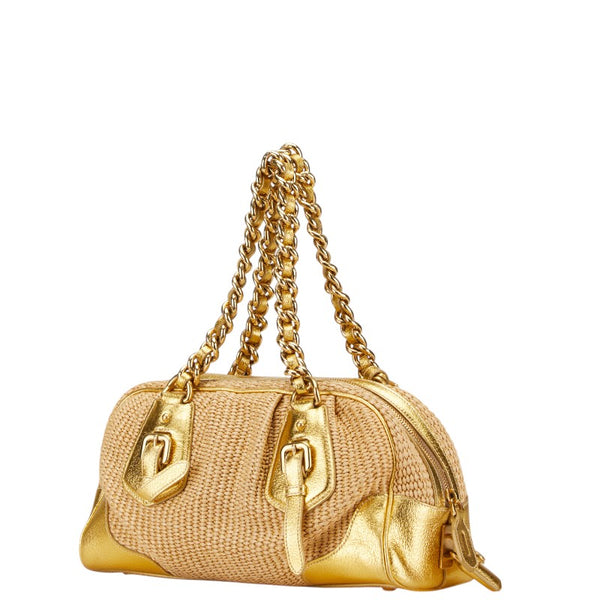 プラダ 三角ロゴプレート チェーン ハンドバッグ BL0352 ベージュ ゴールド ストロー レザー レディース PRADA 【中古】