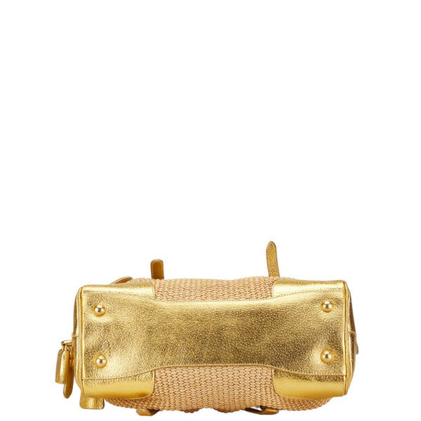 プラダ 三角ロゴプレート チェーン ハンドバッグ BL0352 ベージュ ゴールド ストロー レザー レディース PRADA 【中古】