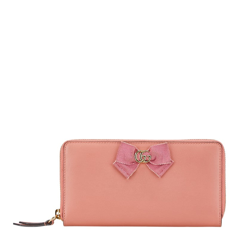グッチ GGマーモント リボン ラウンドファスナー 長財布 435819 ピンク レザー レディース GUCCI 【中古】