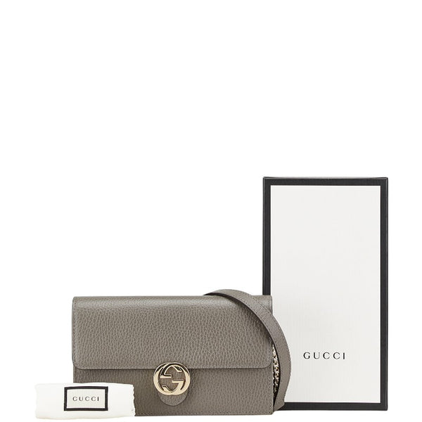 グッチ インターロッキングG 斜め掛け チェーン ショルダバッグ ウォレット 510314 グレー レザー レディース GUCCI 【中古】