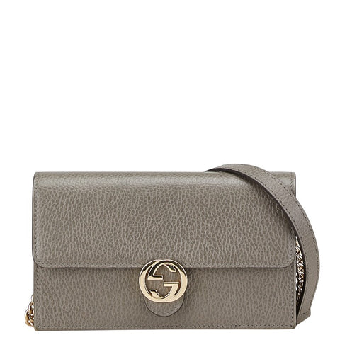 グッチ インターロッキングG 斜め掛け チェーン ショルダバッグ ウォレット 510314 グレー レザー レディース GUCCI 【中古】