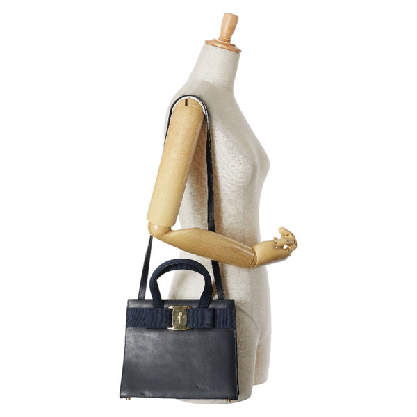 サルヴァトーレフェラガモ ヴァラリボン ハンドバッグ ショルダーバッグ 2WAY ネイビー レザー キャンバス レディース Salvatore Ferragamo 【中古】