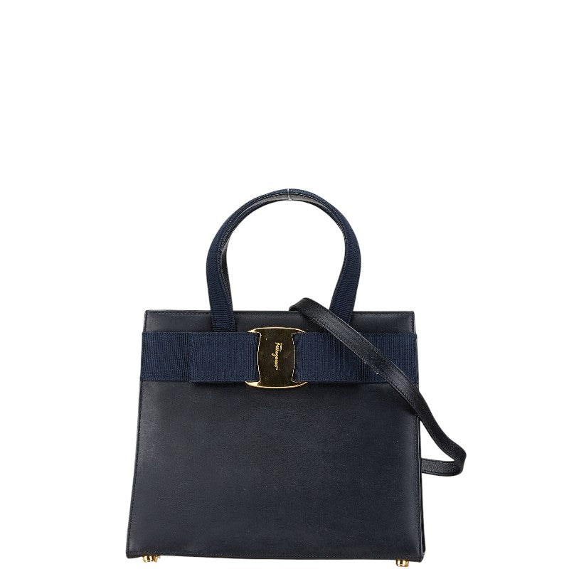 サルヴァトーレフェラガモ ヴァラリボン ハンドバッグ ショルダーバッグ 2WAY ネイビー レザー キャンバス レディース Salvatore Ferragamo 【中古】