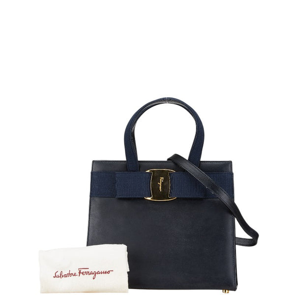 サルヴァトーレフェラガモ ヴァラリボン ハンドバッグ ショルダーバッグ 2WAY ネイビー レザー キャンバス レディース Salvatore Ferragamo 【中古】
