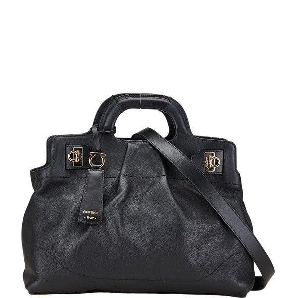 サルヴァトーレフェラガモ ガンチーニ ハンドバッグ ショルダーバッグ 2WAY AB-21 C537 ブラック レザー レディース Salvatore Ferragamo 【中古】