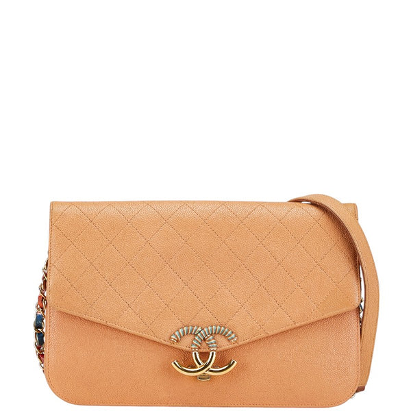 シャネル ハーフココ  斜め掛け チェーン ショルダーバッグ オレンジ ベージュ キャビアスキン レディース CHANEL 【中古】