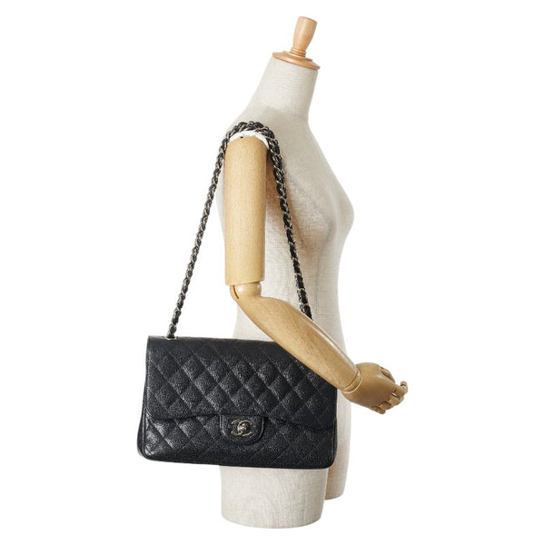 シャネル ココマーク ダブルフラップ デカマトラッセ30 チェーン ショルダーバッグ A58600 ブラック キャビアスキン レディース CHANEL 【中古】