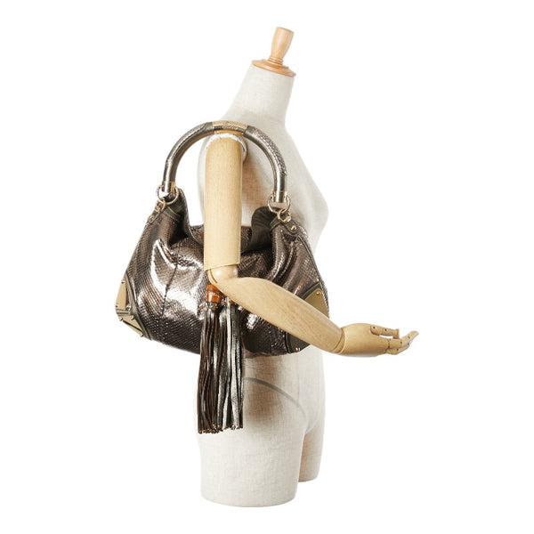 グッチ バンブー インディー リザード型押し ハンドバッグ ワンショルダーバッグ 177139 カーキ ゴールド レザー レディース GUCCI 【中古】